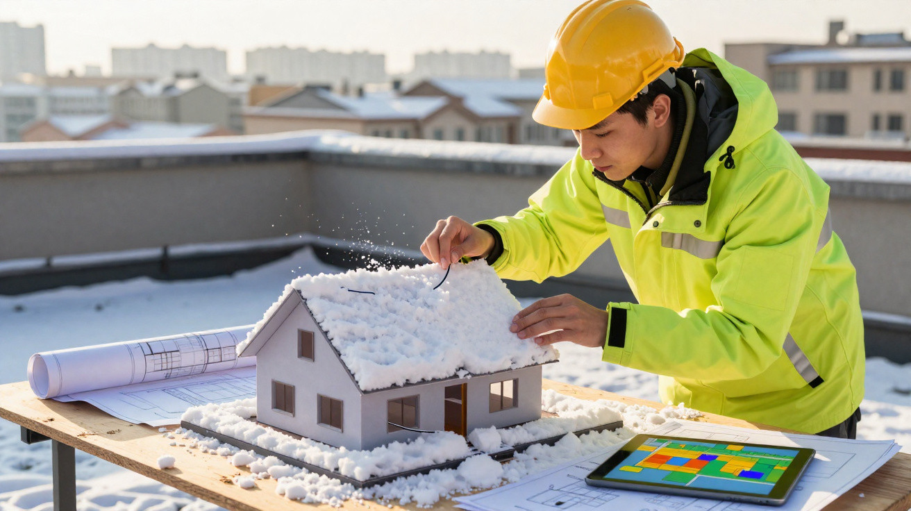 Construction worker in a yellow helmet and jacket adjusting snow on a house model on a rooftop.