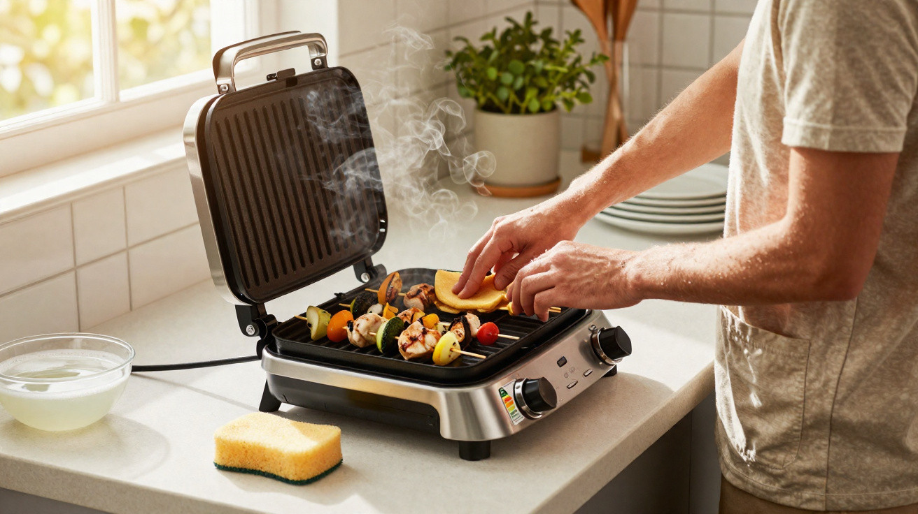 Person grilling vegetable and chicken skewers on an electric grill in a bright kitchen.