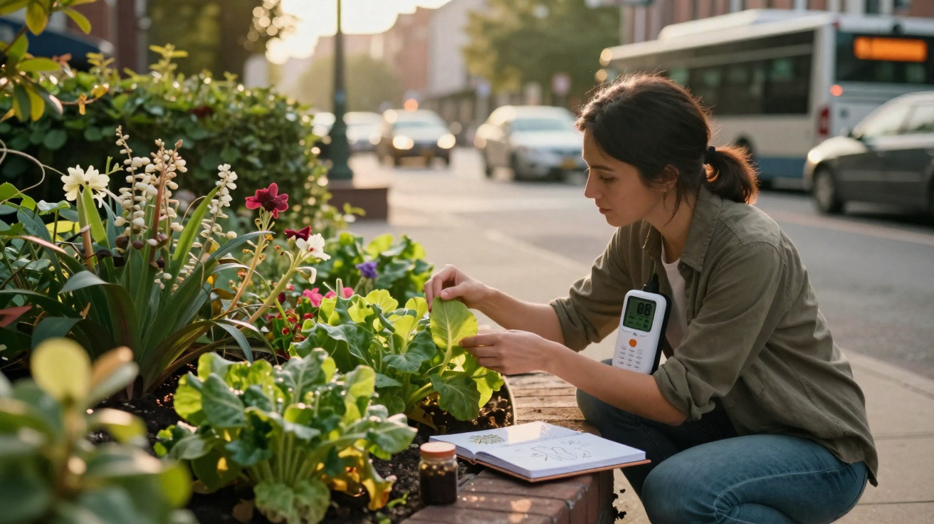 Woman using a handheld device to examine plants in an urban garden by a busy street in the evening.