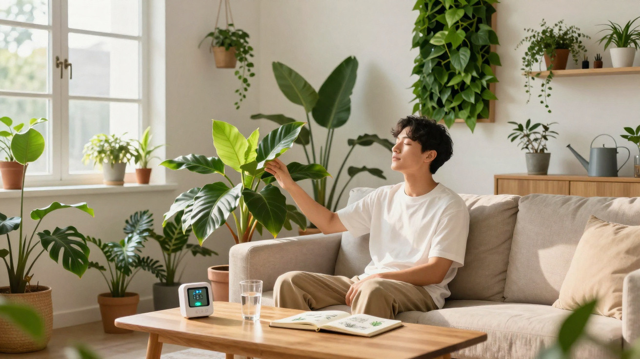 Person relaxing on a sofa surrounded by various indoor plants in a bright, cosy living room.