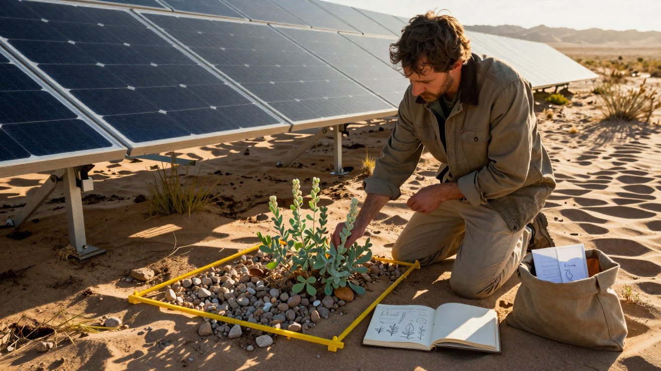 Man examining plants growing in rocky soil near solar panels in a desert landscape with open notebook and bag nearby.
