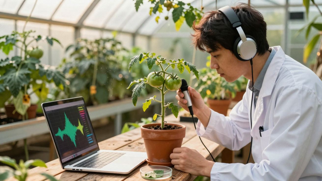 Scientist wearing headphones using a device to monitor sound in a tomato plant inside a greenhouse.