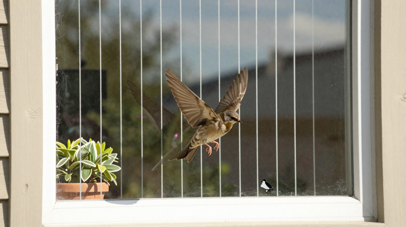 Small brown bird flying towards a window with vertical lines and a small bird sticker near a potted plant