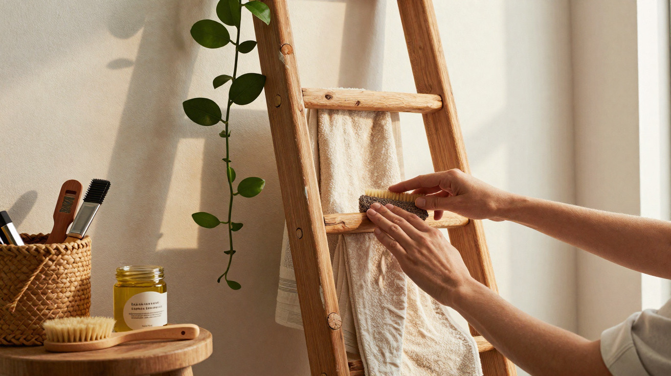 Person brushing a wooden ladder holding beige towels beside a plant and grooming tools in warm natural light.