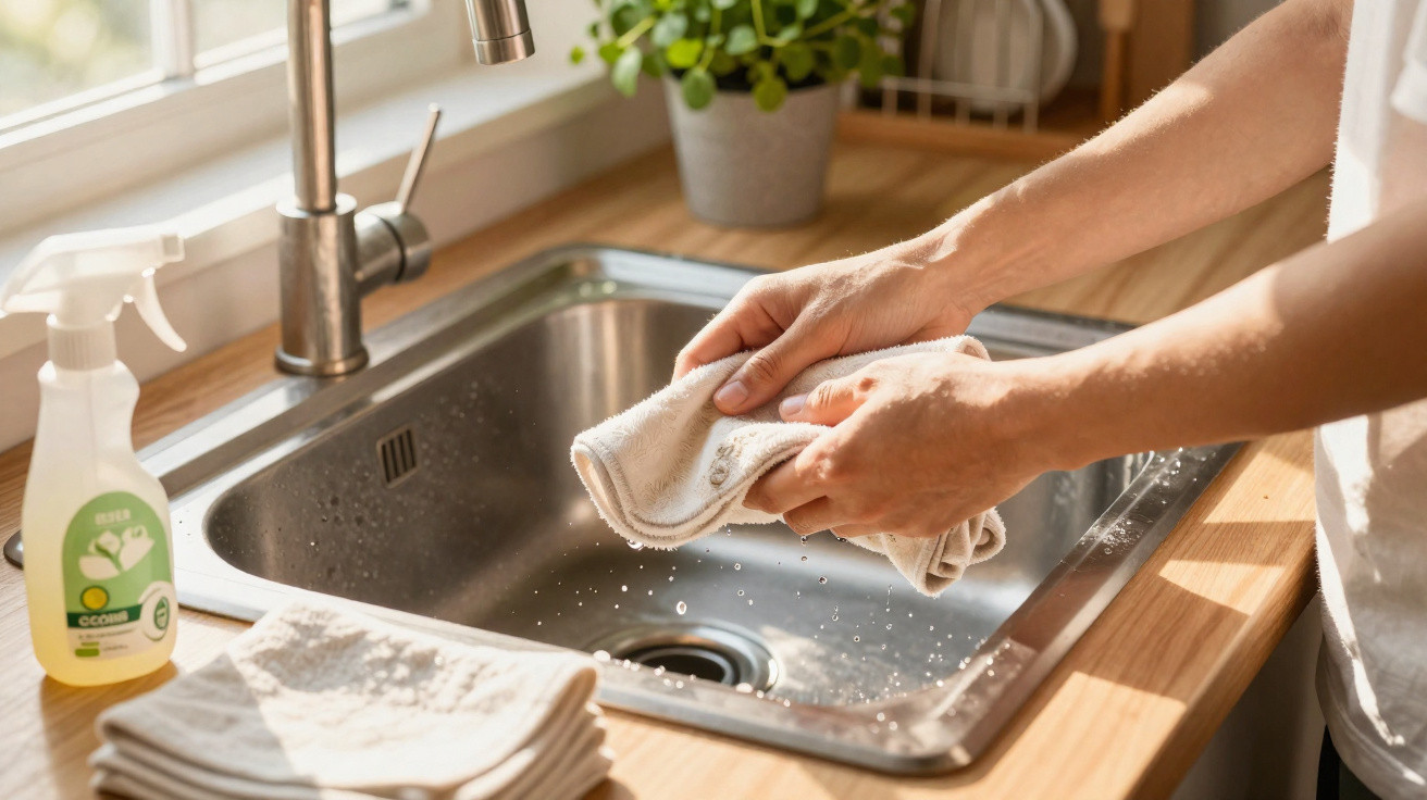 Person wringing out a wet cloth over a stainless steel kitchen sink with a wooden countertop and soap bottle nearby.