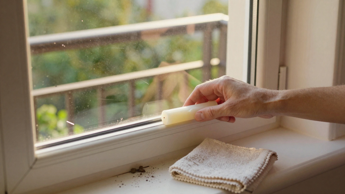 Hand using a bug sticky trap on a window ledge with a cloth nearby and debris outside the window.