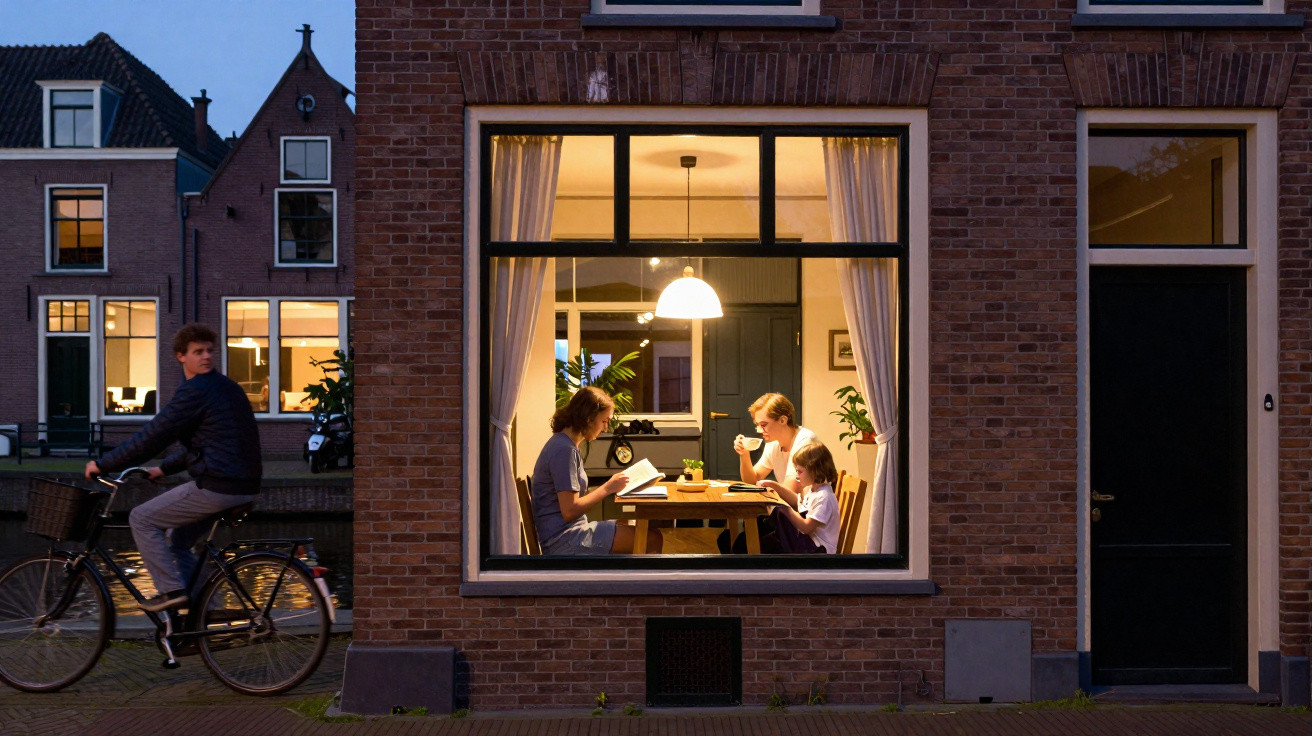 Evening view through a window of a family reading and eating at a dining table in a brick house.