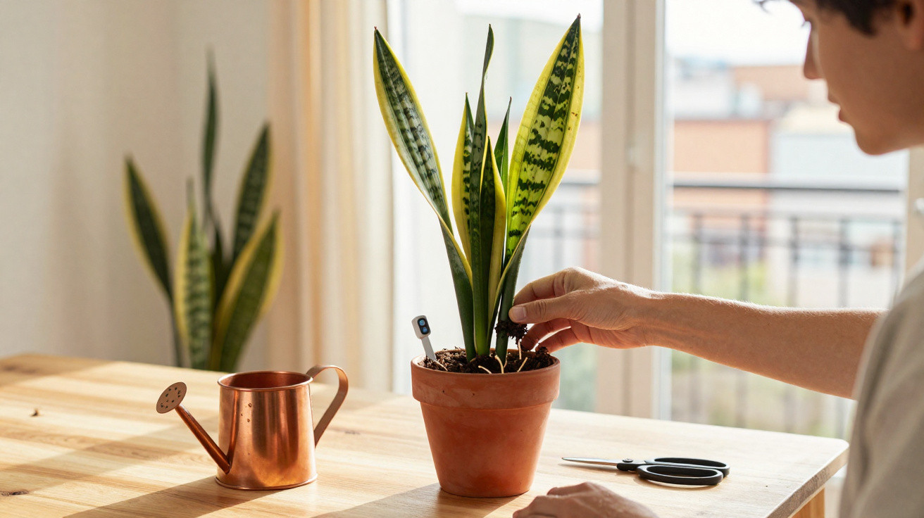 Person tending to a snake plant in a terracotta pot on a wooden table beside scissors and a copper watering can.