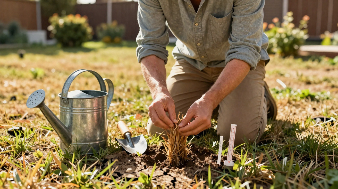 Person kneeling on dry soil, tending to a small plant with gardening tools and a watering can nearby.