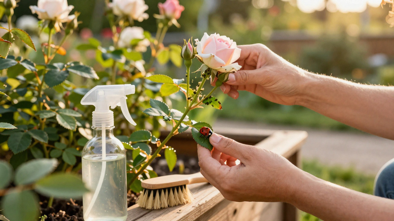 Hands holding a pink rose and a leaf with a ladybird beside a spray bottle and a cleaning brush in a garden.
