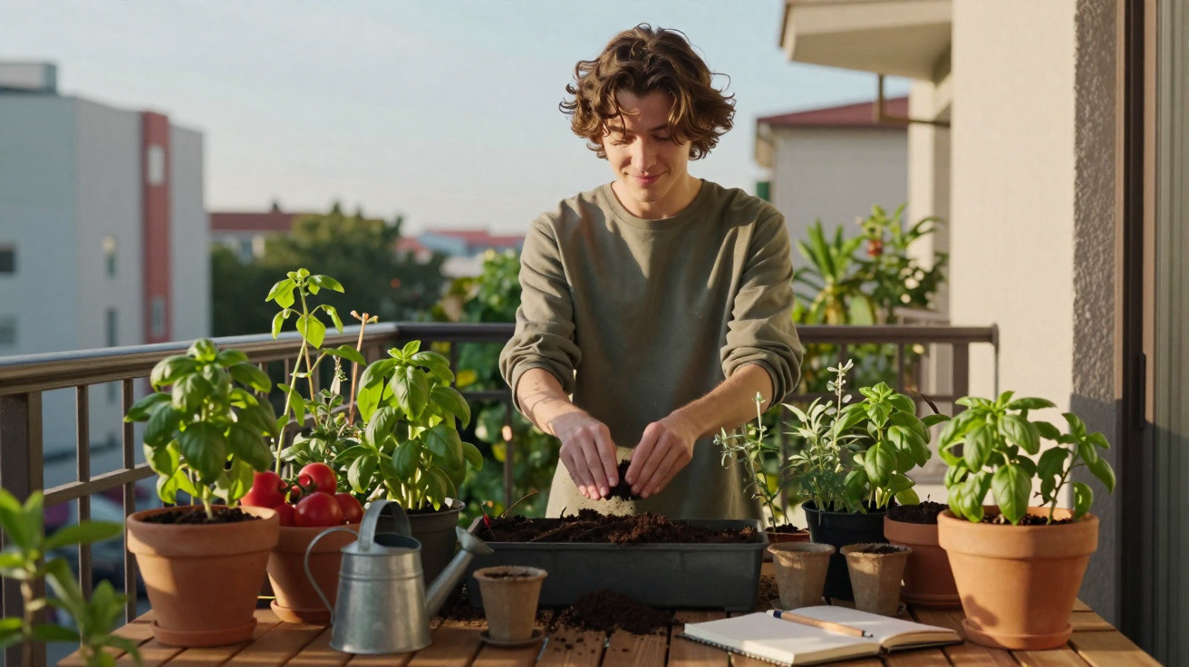 Young person planting seeds in a balcony garden surrounded by potted herbs and vegetables in sunlight.