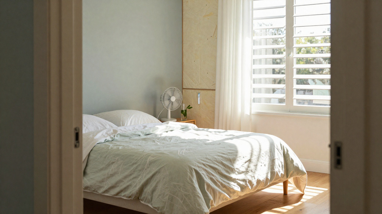 Bright bedroom with a double bed, white linens, a small fan on a bedside table, and light streaming through shutters.