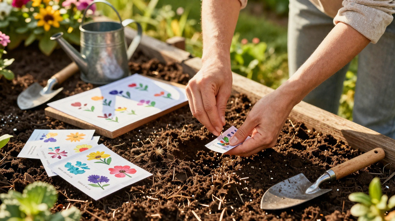 Person planting flower seeds in soil with seed packets, a watering can, and gardening tools nearby.