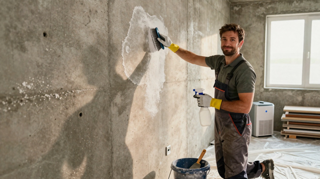Man cleaning a concrete wall with a brush and spray bottle in a room under renovation.