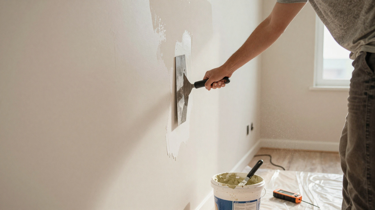 Person applying plaster to an interior wall with a trowel during home renovation.