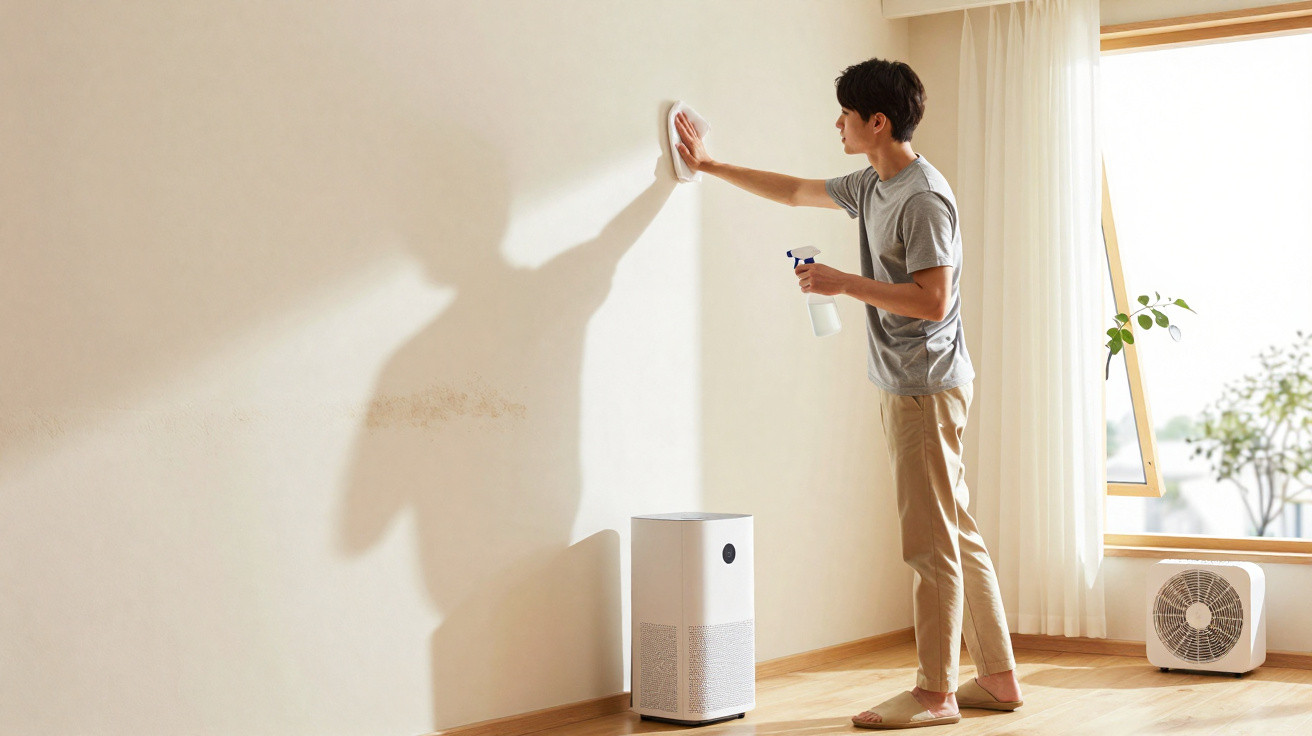 Person cleaning a beige wall with a cloth and spray bottle in a bright room with air purifiers.