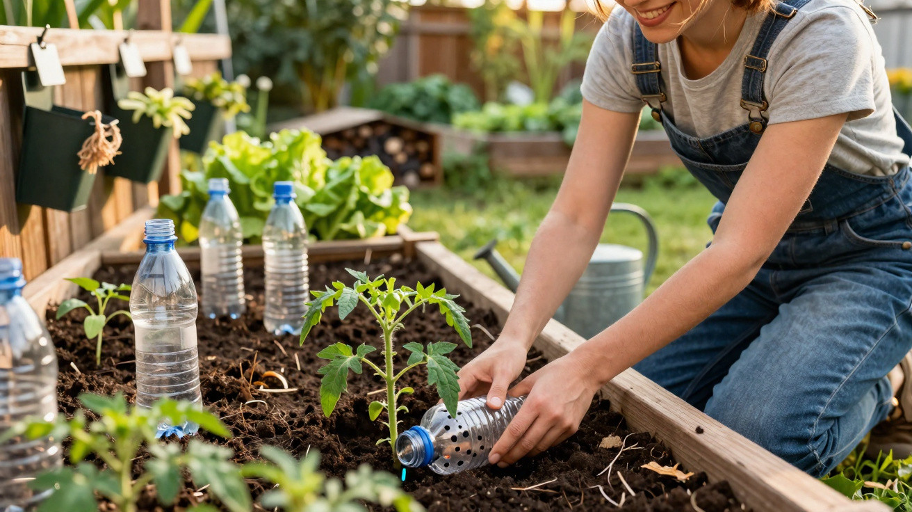 Person in denim overalls watering a young plant in a raised garden bed using a recycled plastic bottle.