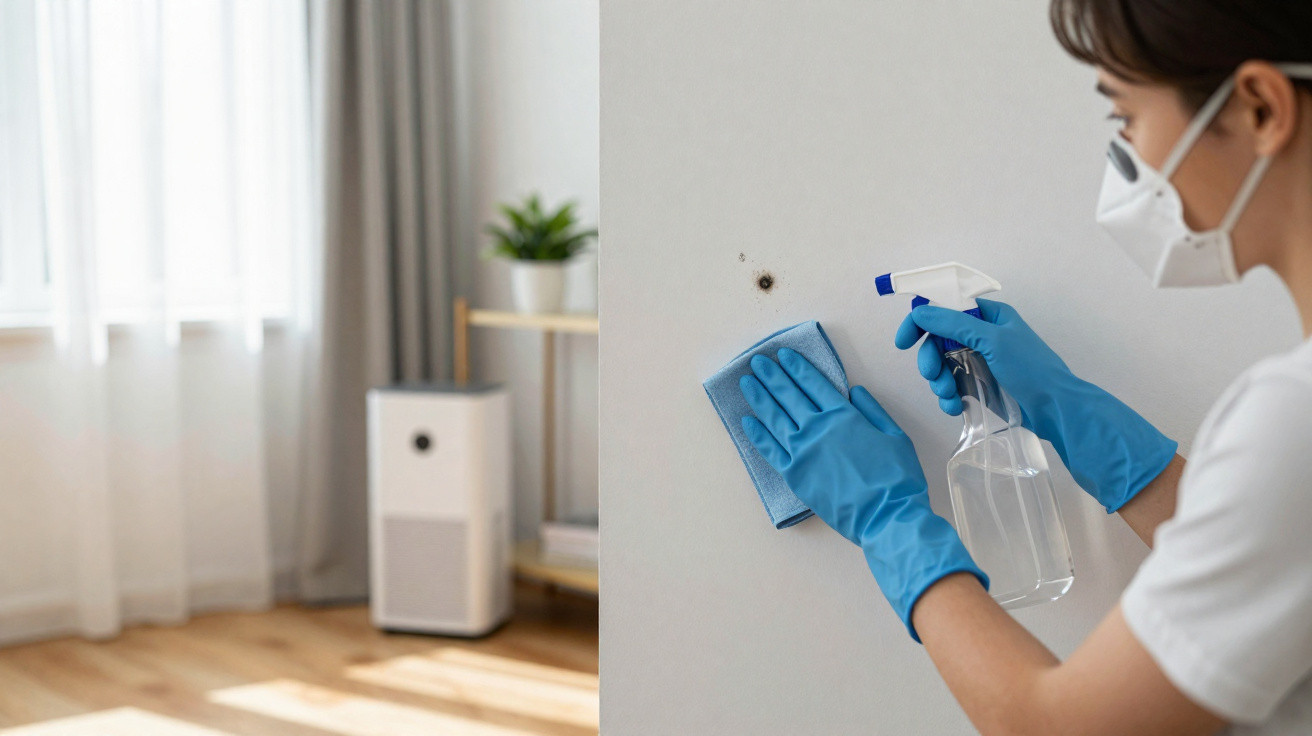 Person wearing gloves and a mask cleaning a stained wall with spray bottle and cloth in a bright room.