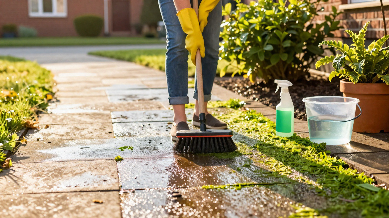 Person wearing yellow gloves scrubbing a wet garden patio with a broom in the sunlight.