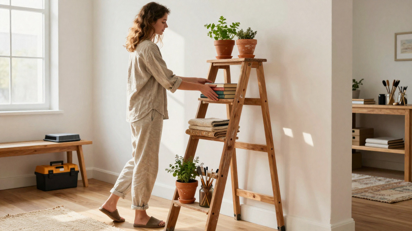 Woman organising books and plants on a wooden ladder shelf in a bright, minimalist living room.