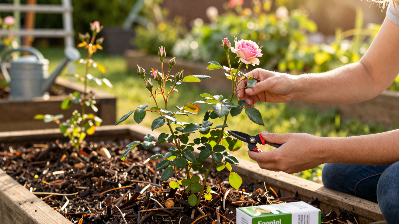 Hands pruning a pink rose on a small rose plant in a raised garden bed on a sunny day.
