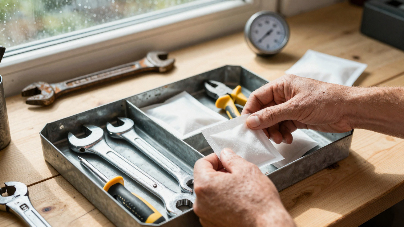 Person holding a small sealed packet over a metal tray containing wrenches and tools on a wooden workbench.