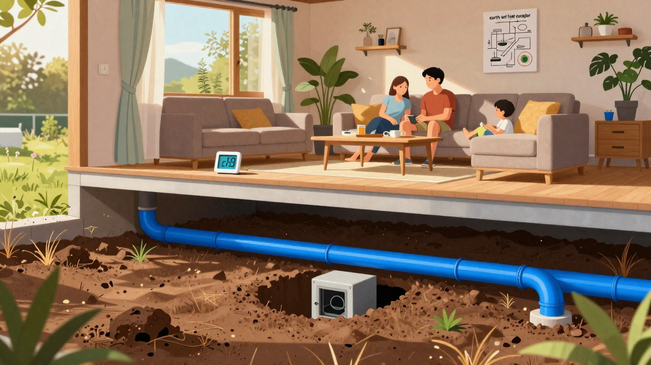 Cross-section of a family sitting in a living room with a ventilation system installed underground beneath the house.