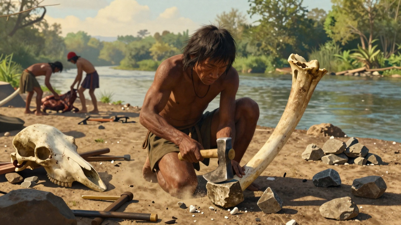 Indigenous man shaping a stone tool by a riverbank with animal skull and others working in the background.