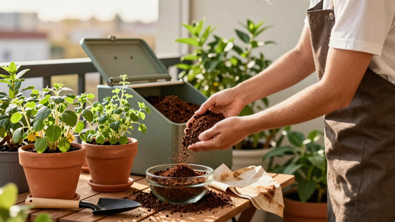 Person scooping coffee grounds from a bin into a glass bowl on a wooden table with potted plants.