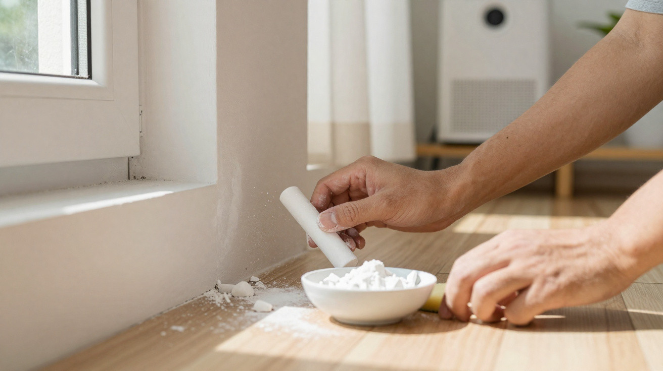 Person's hands holding white chalk and bowl with powder near a wall and window on wooden floor