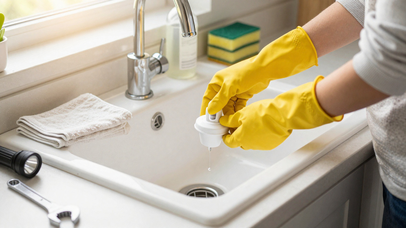 Person wearing yellow gloves fixing a dripping kitchen sink plug in a white countertop sink.
