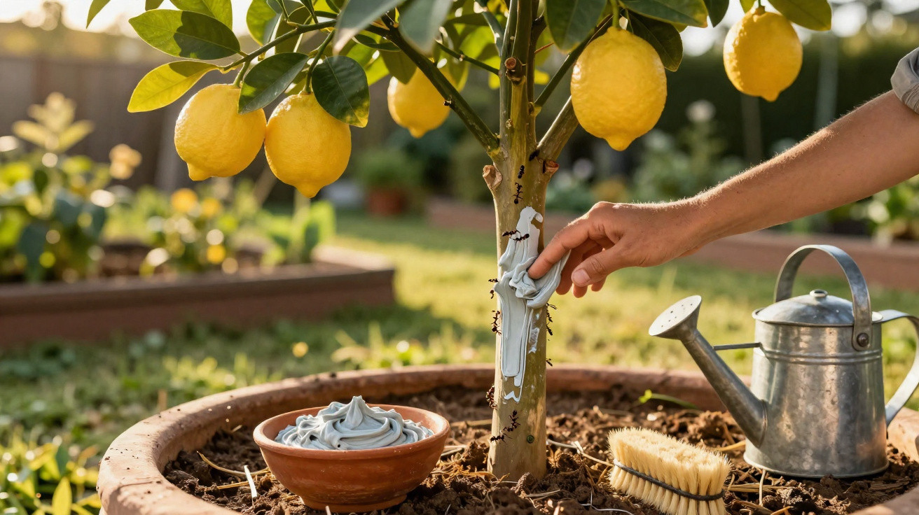 Hand applying white tree wound dressing to lemon tree trunk in garden with watering can and brush nearby.