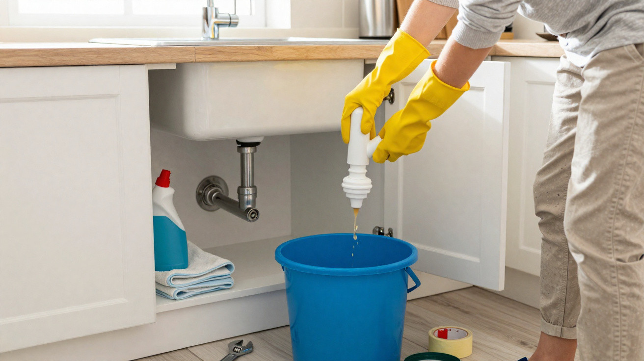 Person wearing yellow gloves pouring drain cleaner into a blue bucket under a kitchen sink.