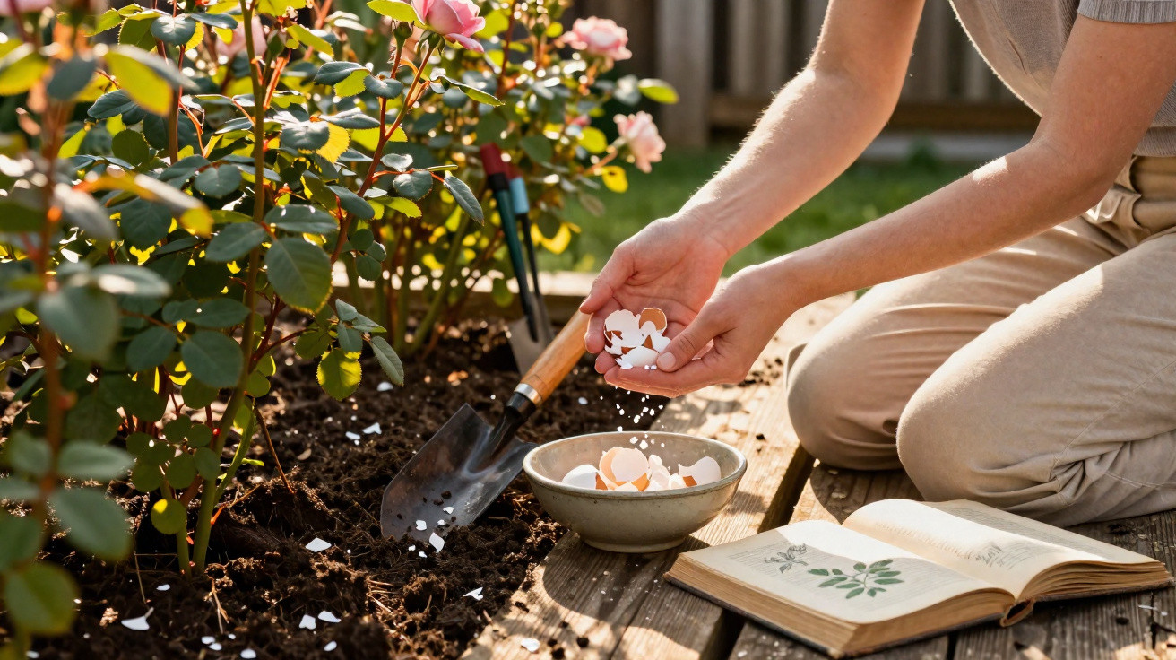 Person sprinkling crushed eggshells around rose plants in a garden next to an open botanical book and trowel.