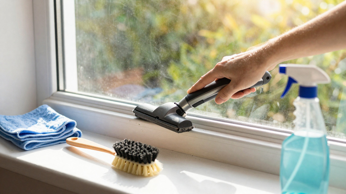 Hand using vacuum cleaner attachment to clean window ledge with cleaning brush, cloth, and spray bottle nearby.