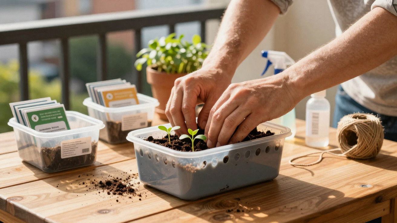 Hands planting seedlings in a plastic container on a wooden table with seed packets and gardening supplies nearby