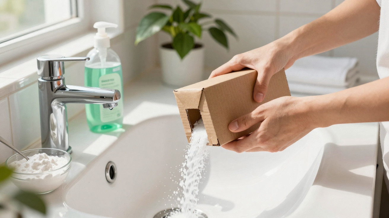 Hands pouring a white powder from a cardboard box into a bathroom sink with a tap and liquid soap nearby.