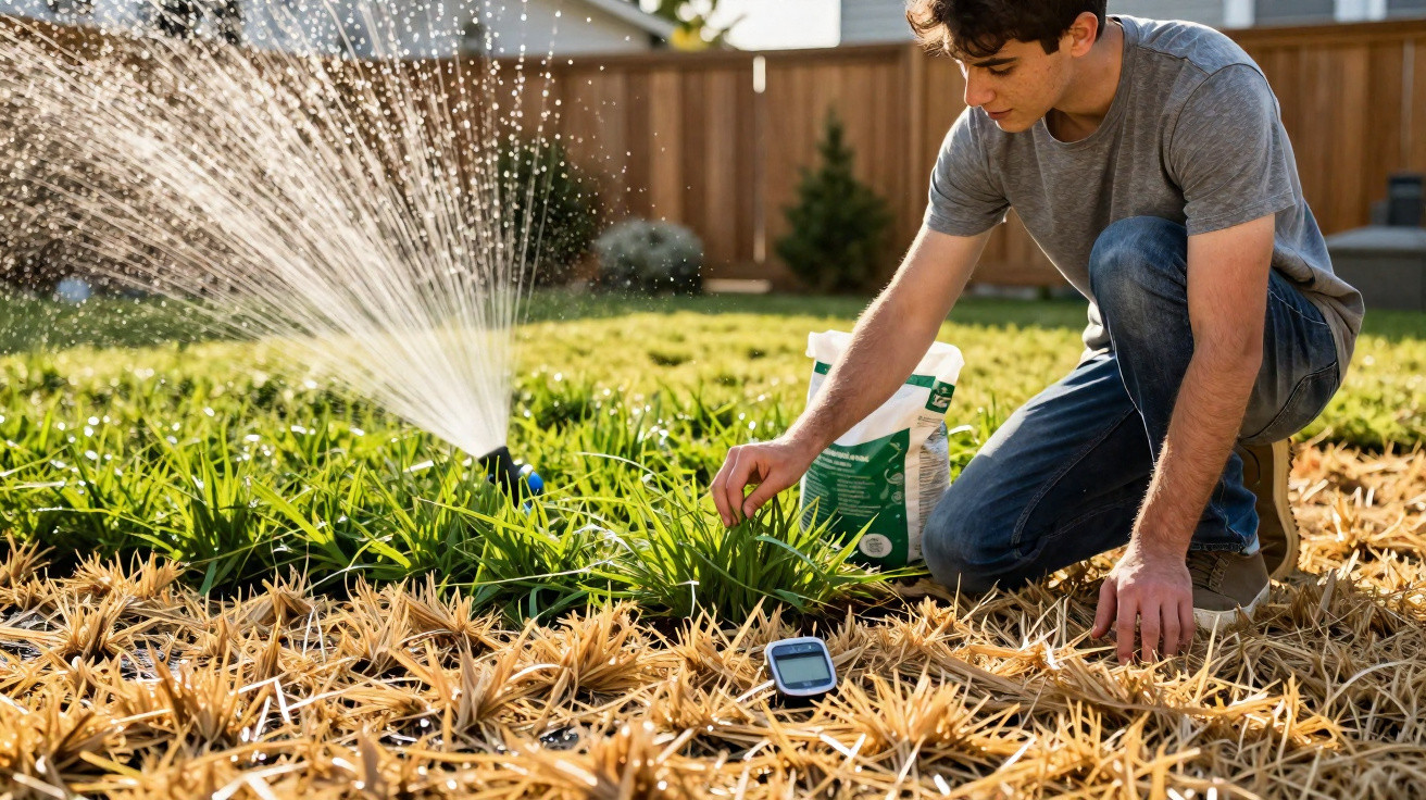 Young man tending garden plants near a sprinkler in a backyard covered with dry mulch.