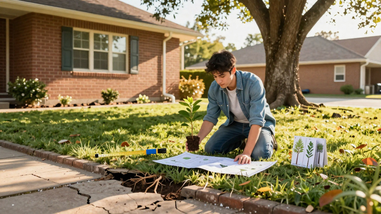 Young person kneeling on grass planting a sapling next to a tree with plant guides and tools nearby.