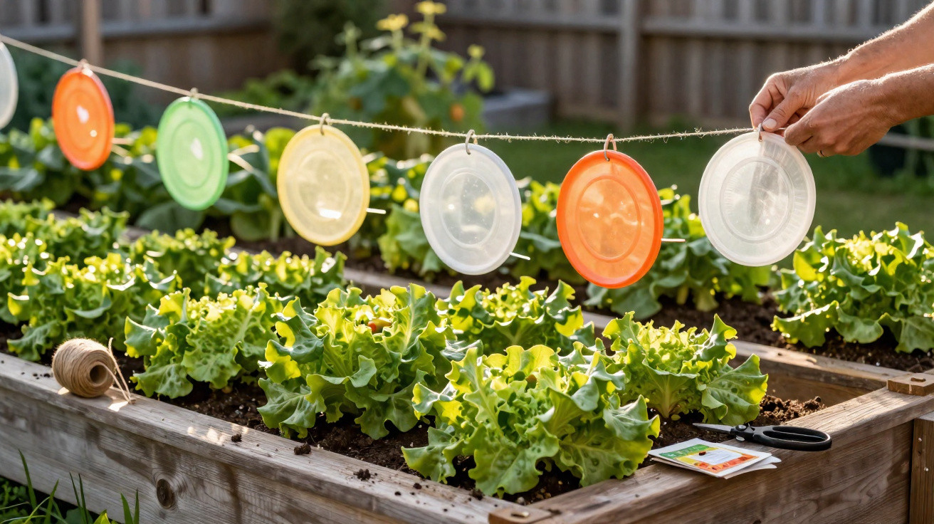 Person hanging colourful plastic lids on a string above leafy green vegetables in a raised garden bed.