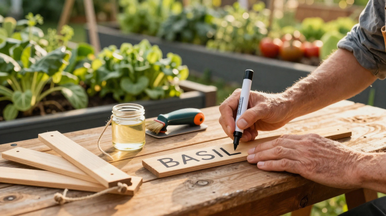 Person writing "BASIL" on a wooden garden marker with plants and gardening tools on a wooden table.