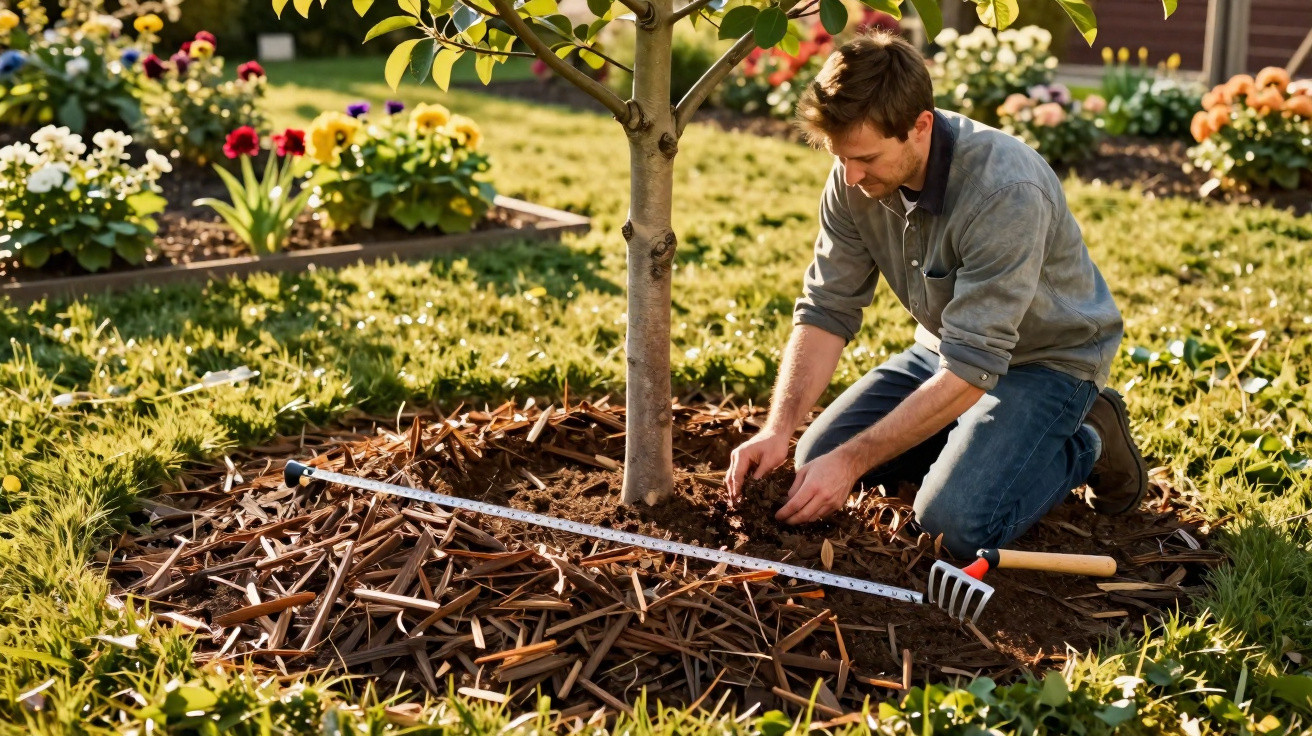 Man kneeling and planting soil around a tree base in a garden with flowers in the background.