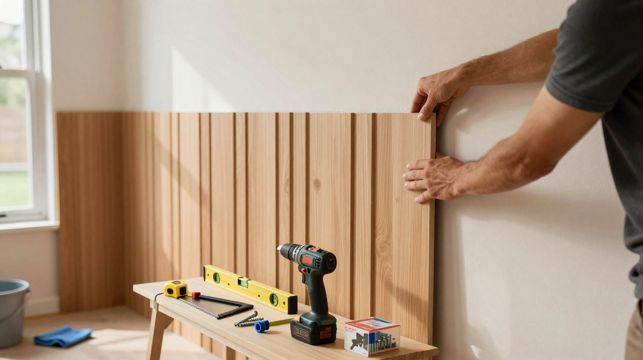 Person fitting wooden paneling on a wall with tools on a nearby table in a bright room.