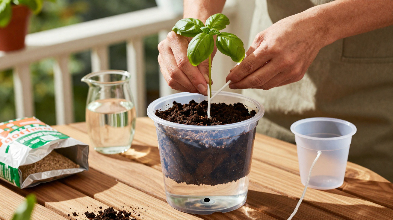 Hands tying a young basil plant to a support stick in a clear pot on a wooden table outdoors.