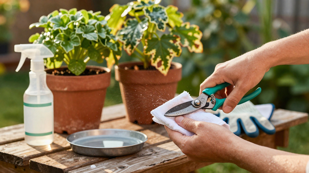 Person cleaning gardening scissors with cloth on a wooden table with plants and gloves nearby outdoors.