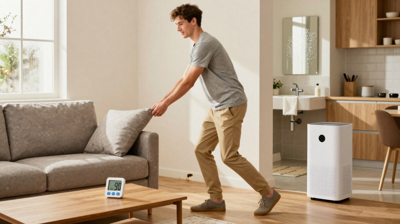 Man adjusting a cushion on a sofa in a bright living room with an air purifier and digital air quality monitor.