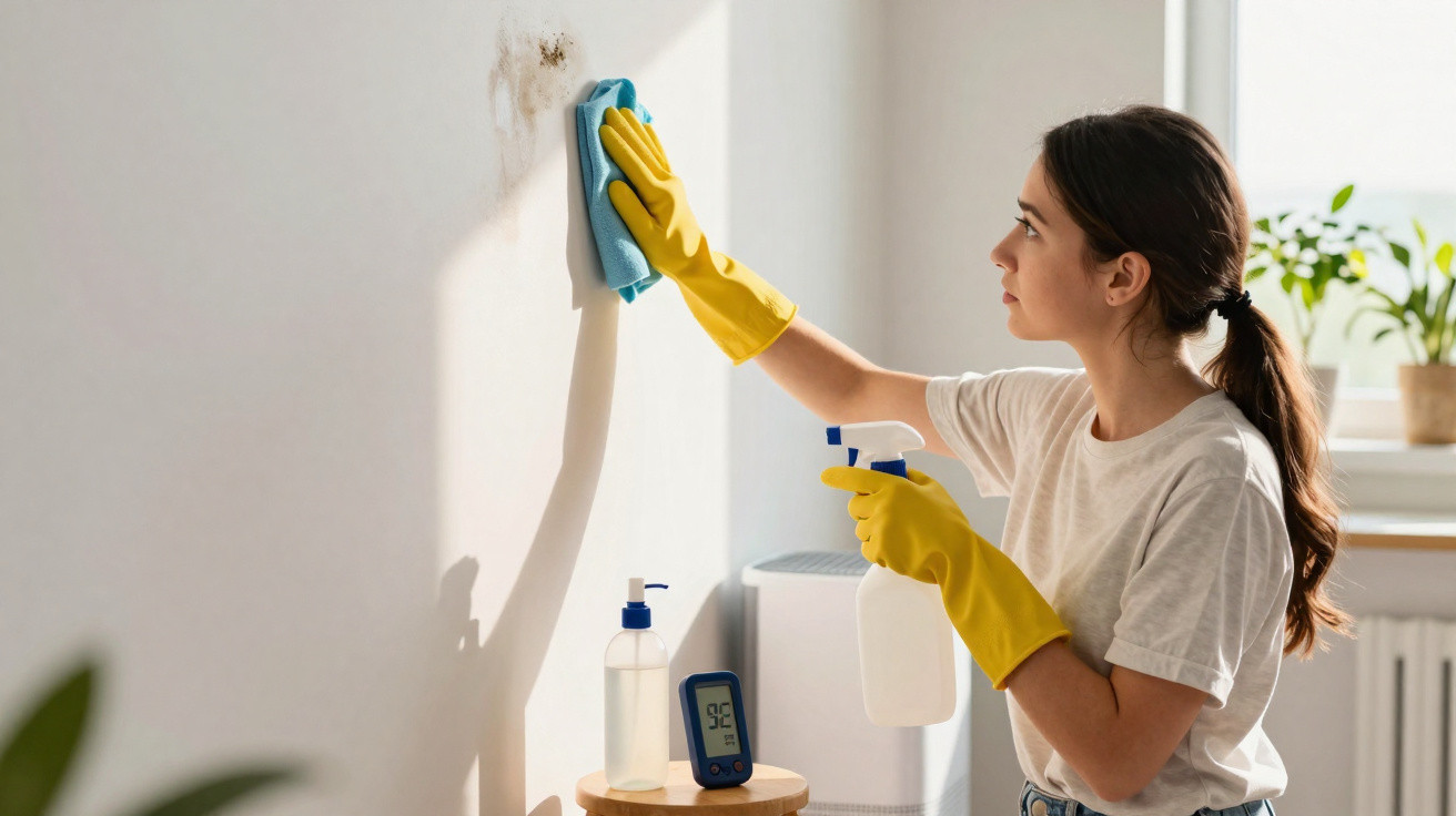 Woman wearing yellow gloves cleaning a mouldy spot on a white wall with a spray bottle and cloth.