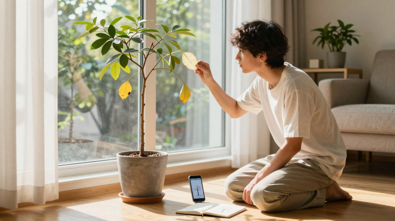 Person kneeling by a potted plant with yellow leaves, inspecting it near a window with a smartphone and notebook on the floor