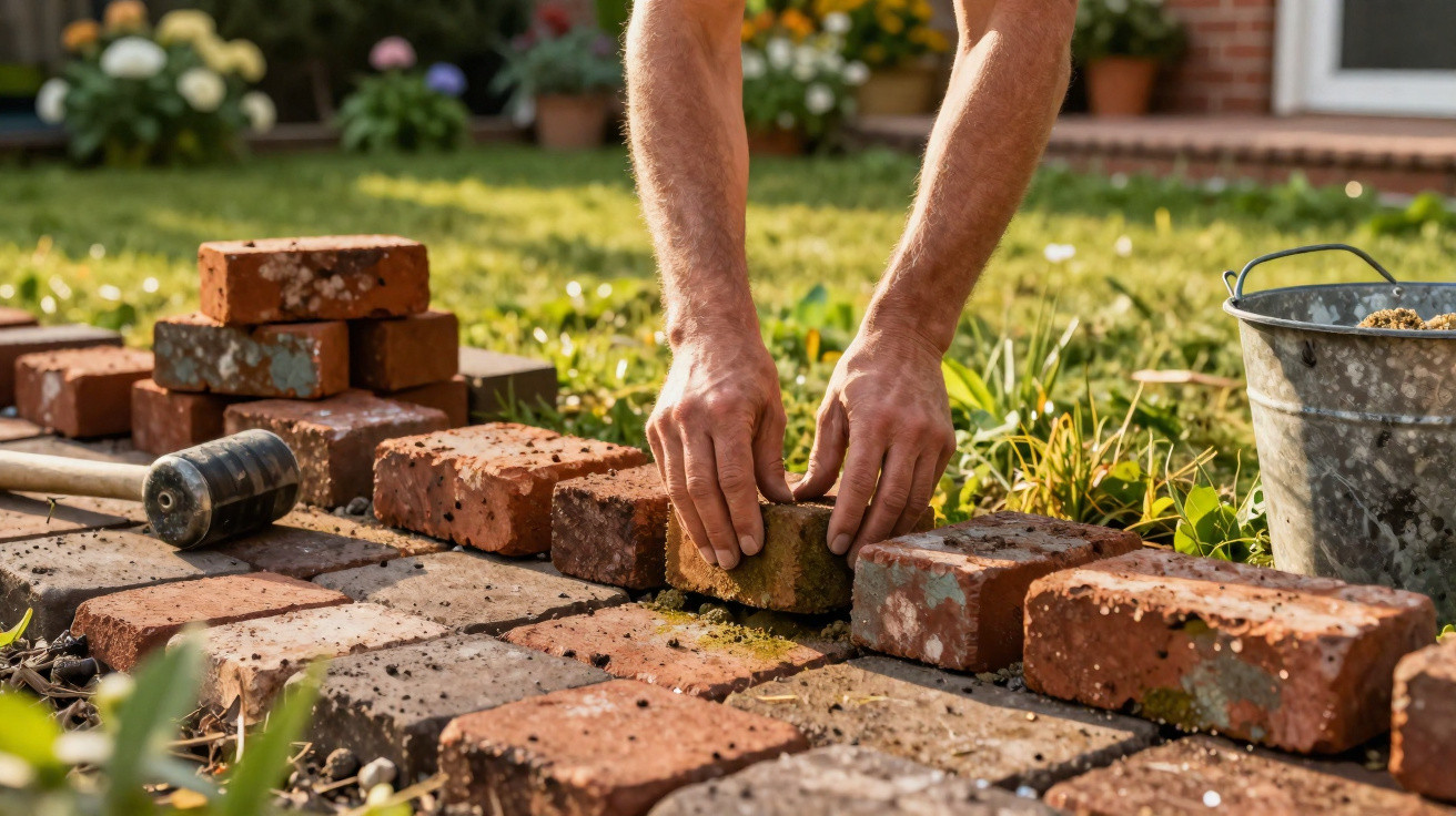 Hands laying red bricks on a garden path with a rubber mallet and bucket nearby on a sunny day.