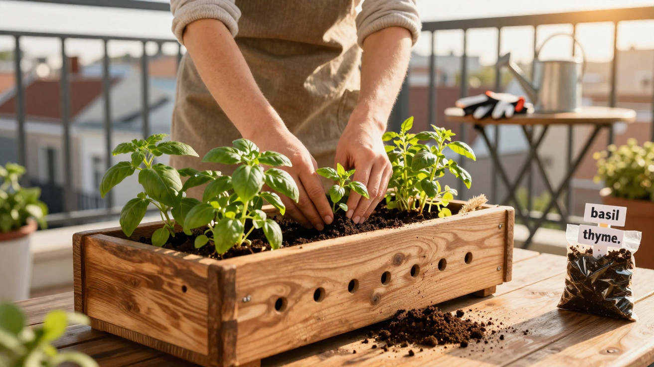 Hands planting basil and thyme seedlings in a wooden planter box on a balcony table in sunlight.